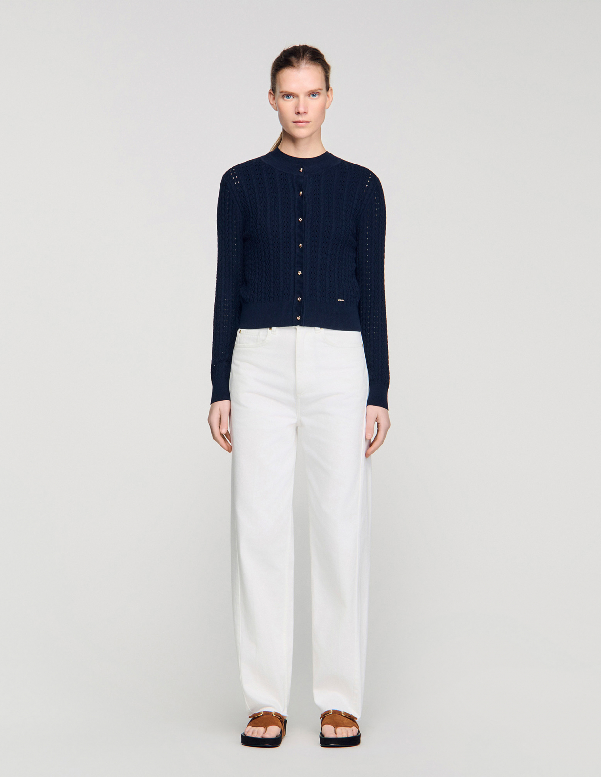 Женский синий кардиган из фактурной вязки_2