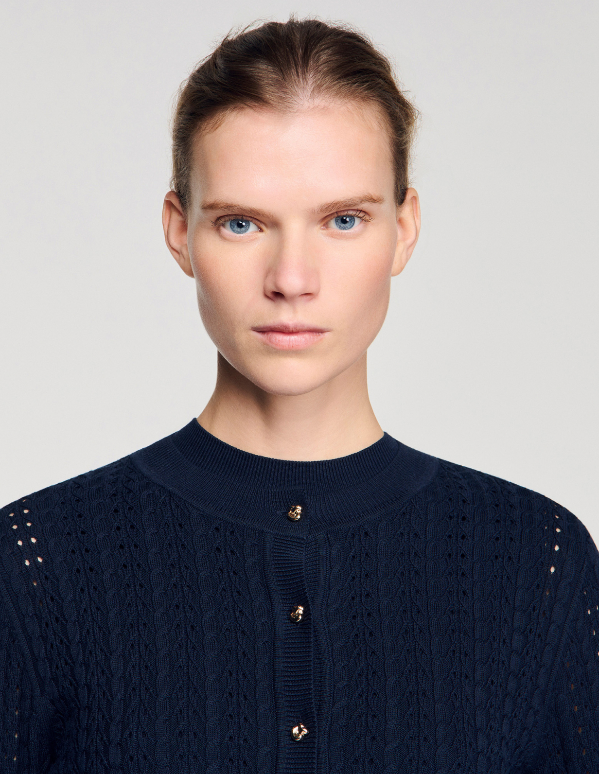 Женский синий кардиган из фактурной вязки_3