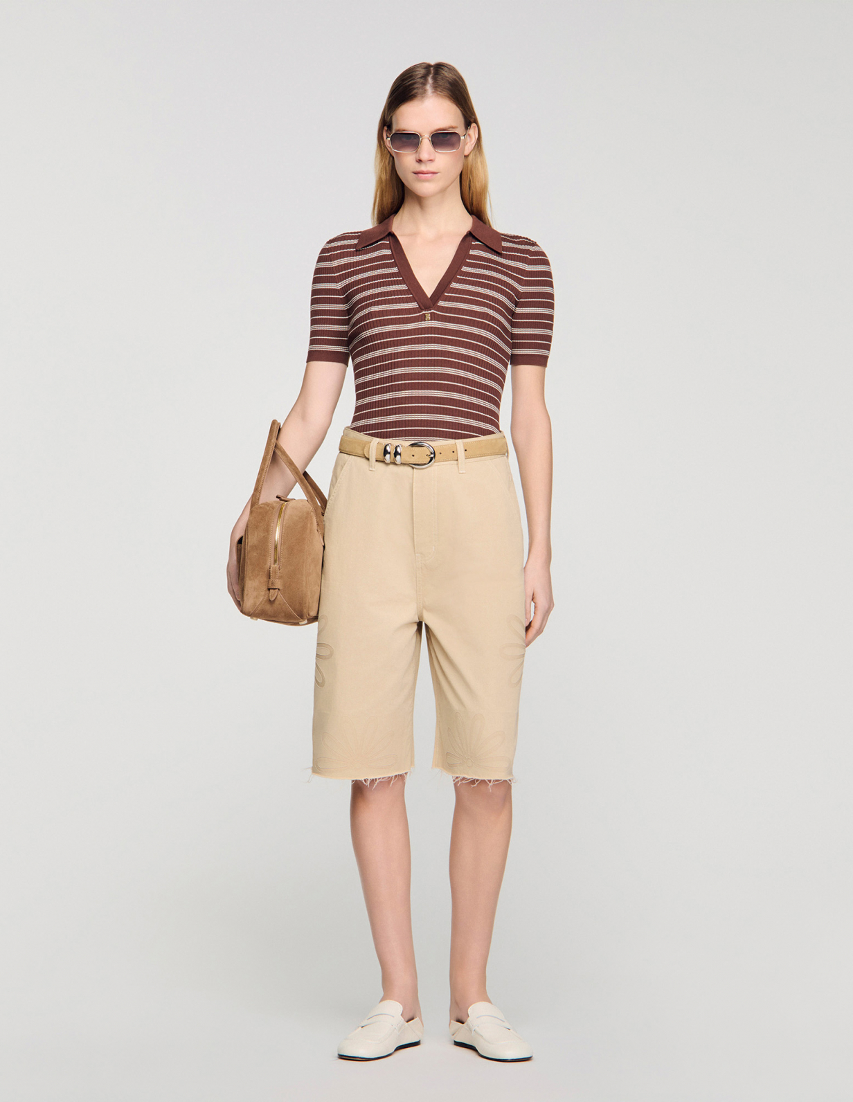 Жіночий смугастий джемпер з коміром-поло_1