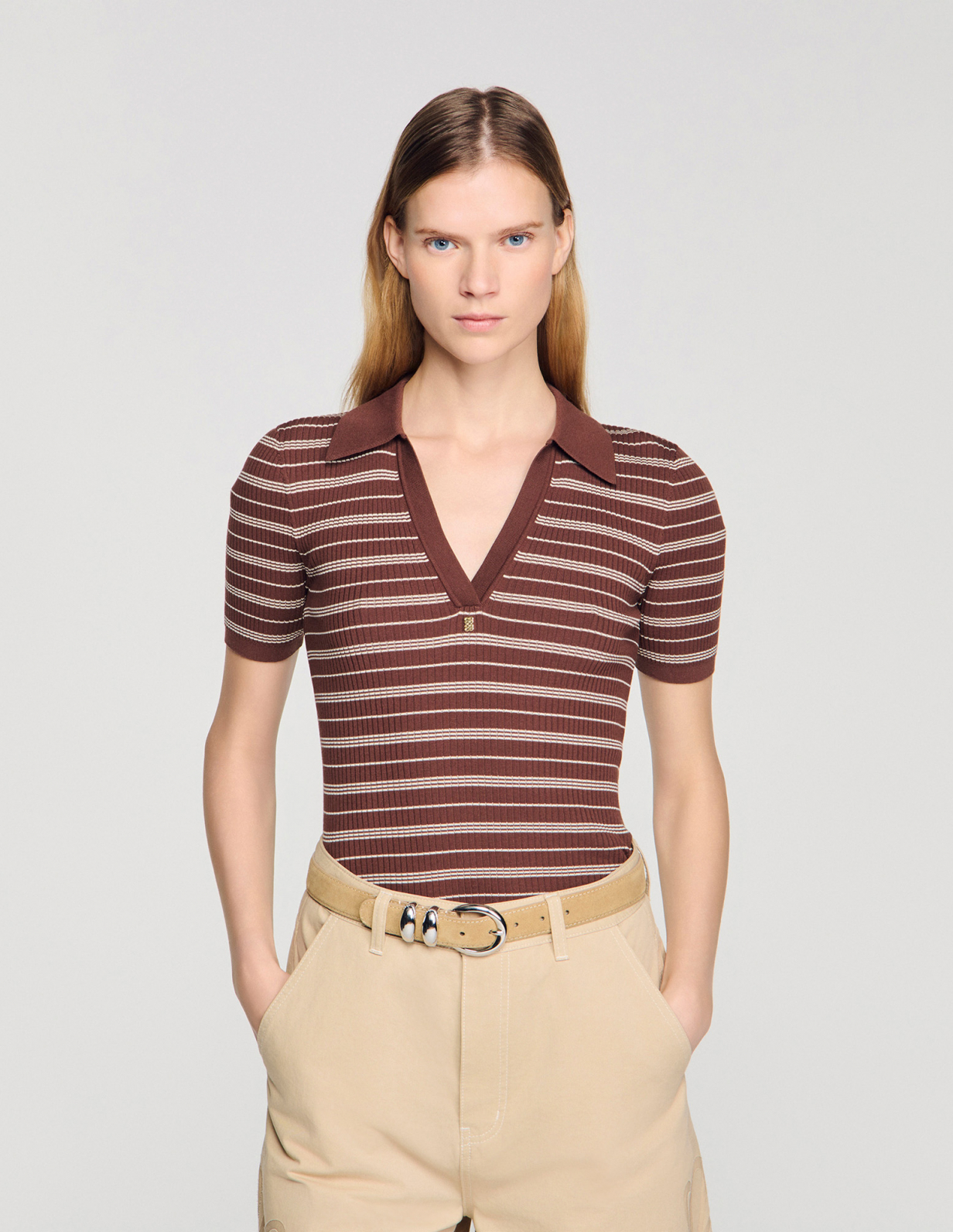 Жіночий смугастий джемпер з коміром-поло_4
