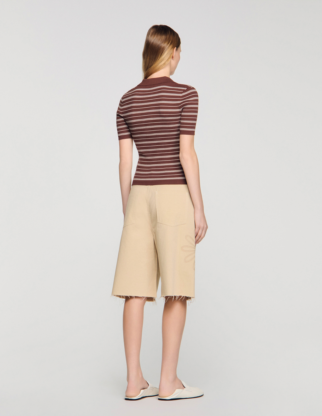 Жіночий смугастий джемпер з коміром-поло_5