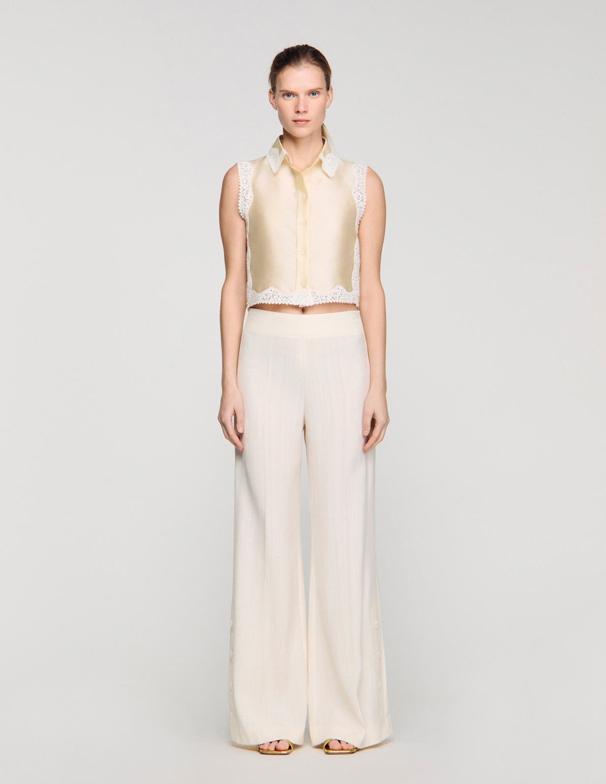 Женские брюки палаццо с разрезами на пуговицах_2