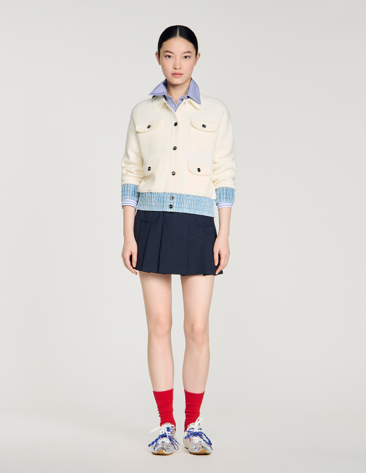 Жіночий молочний кардиган з джинсовими вставками_1