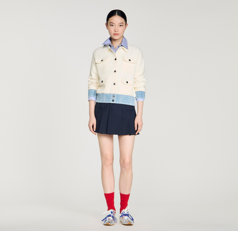 Жіночий молочний кардиган з джинсовими вставками