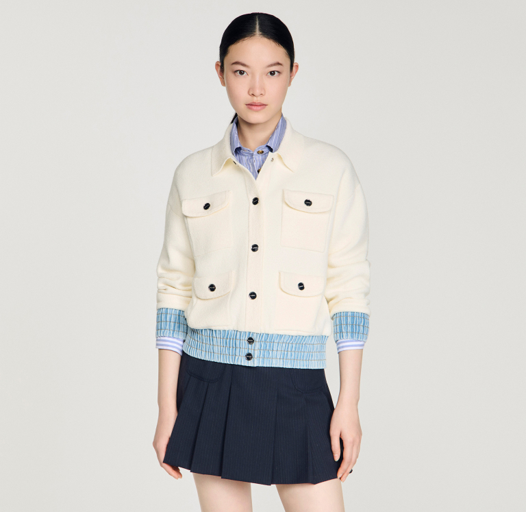 Жіночий молочний кардиган з джинсовими вставками