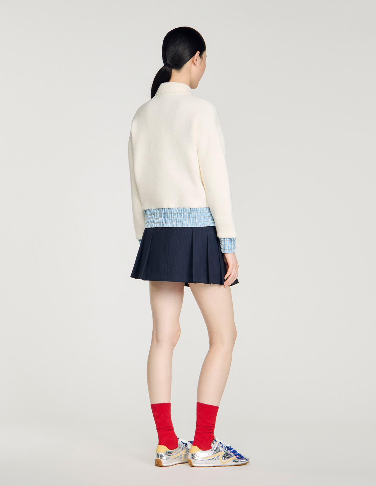 Жіночий молочний кардиган з джинсовими вставками_5