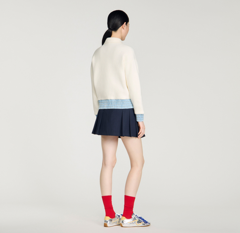 Жіночий молочний кардиган з джинсовими вставками