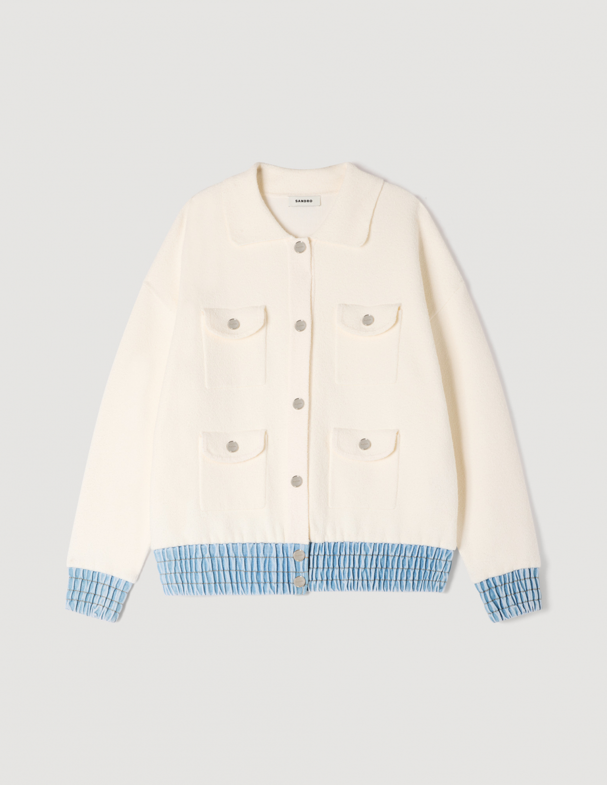 Жіночий молочний кардиган з джинсовими вставками_6