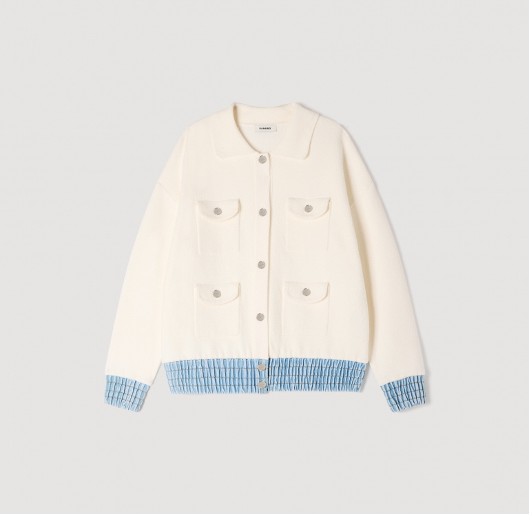 Жіночий молочний кардиган з джинсовими вставками