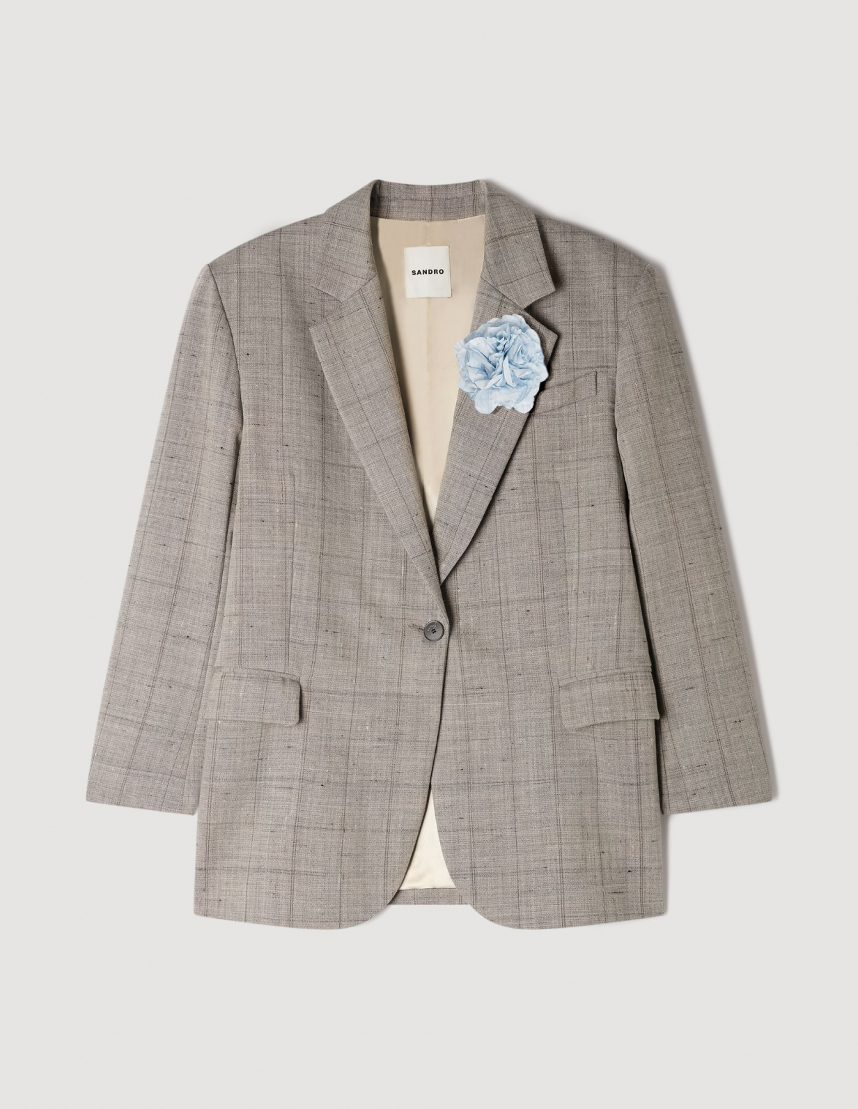 Жіночий сірий картатий жакет з брошкою_6