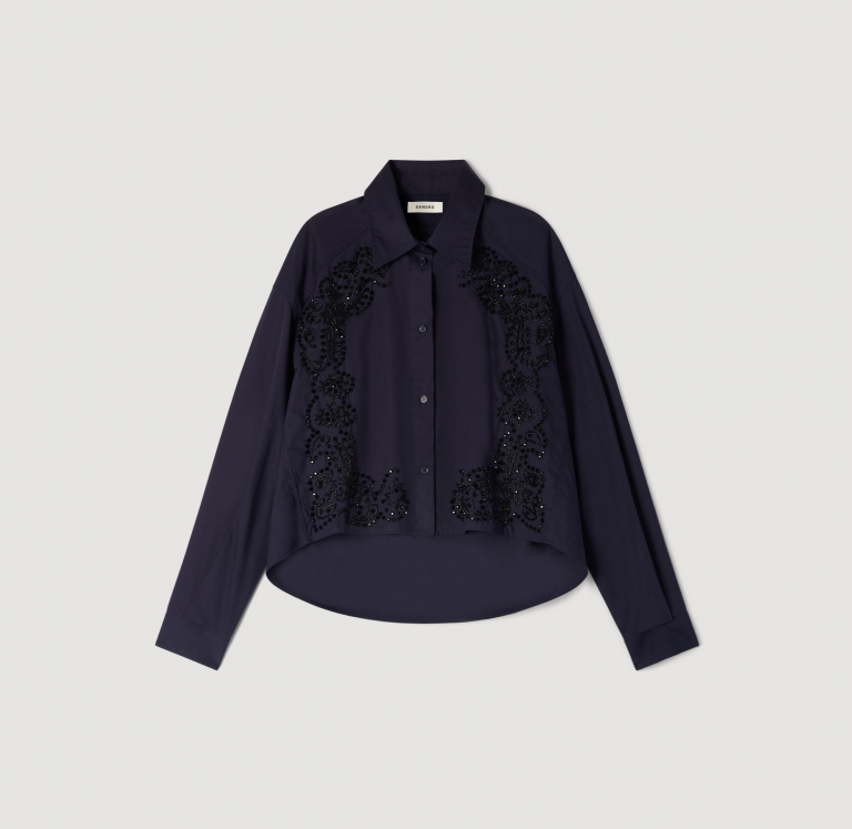 Жіноча синя сорочка з квітковою вишивкою