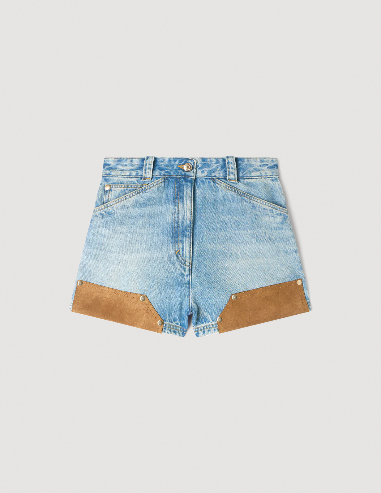 Женские джинсовые шорты с замшевыми деталями_6