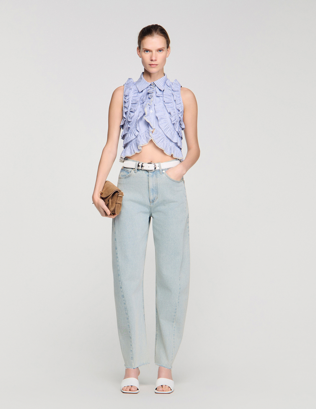 Женская полосатая рубашка с оборками_1