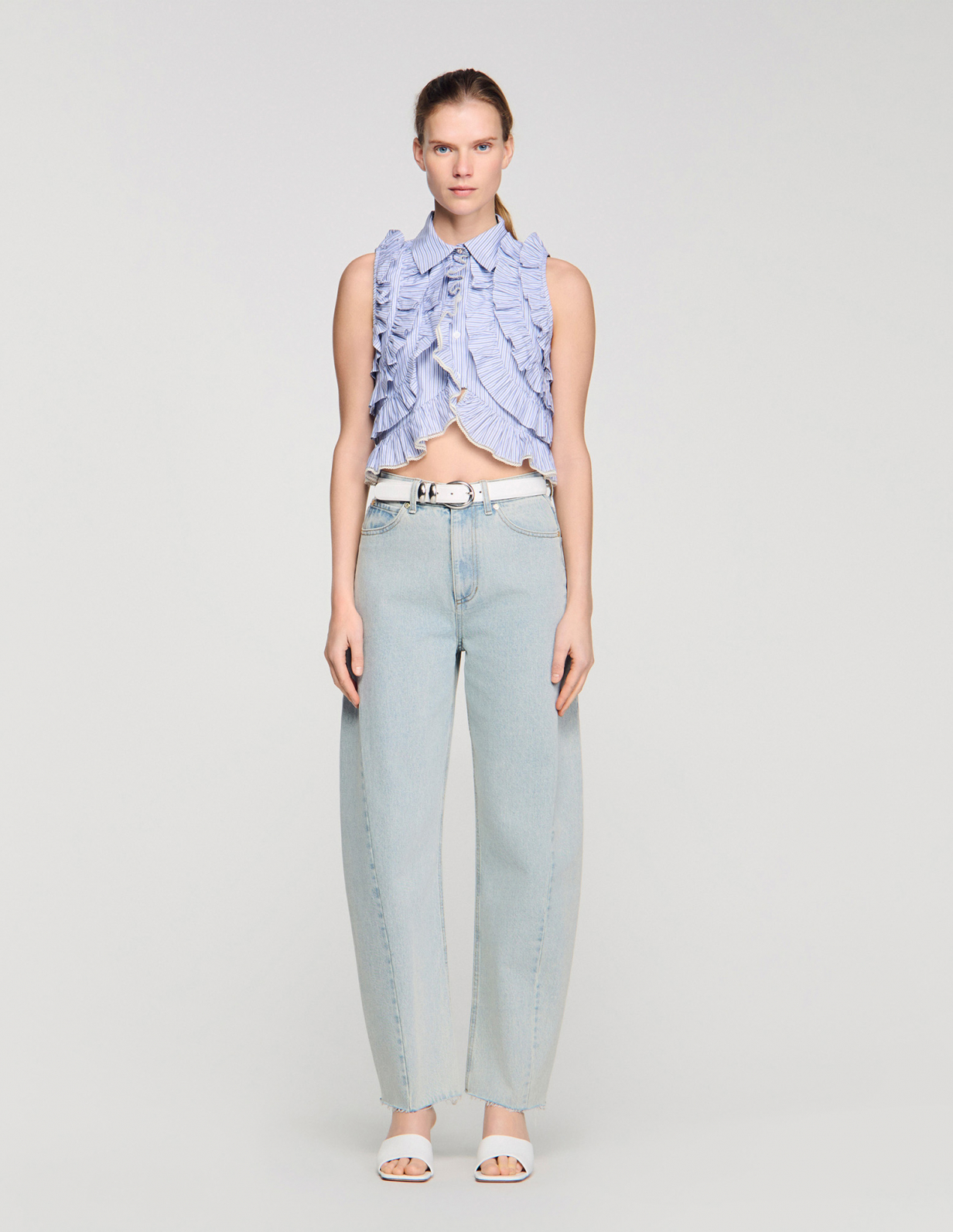 Женская полосатая рубашка с оборками_2