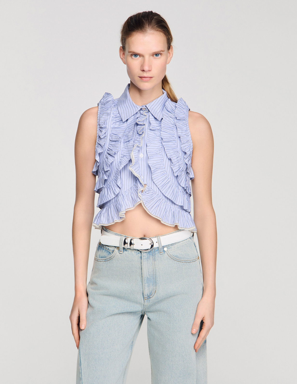 Женская полосатая рубашка с оборками_4