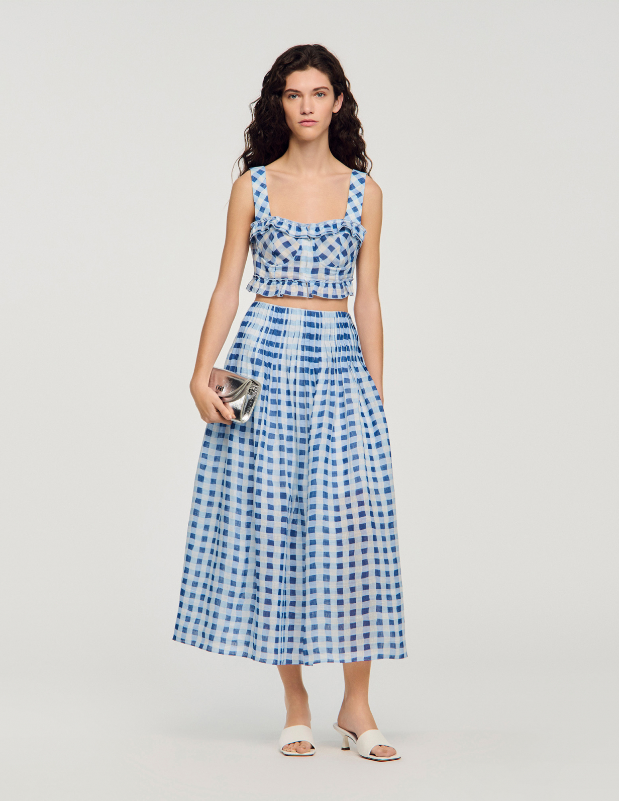 Жіноча довга льняна спідниця в клітинку_1