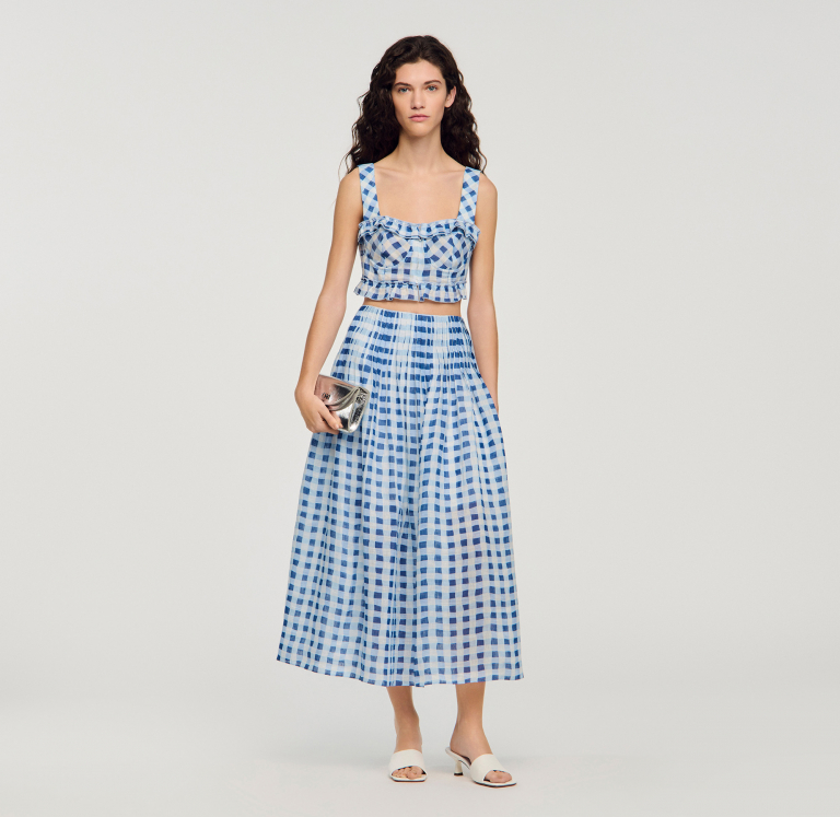 Жіноча довга льняна спідниця в клітинку