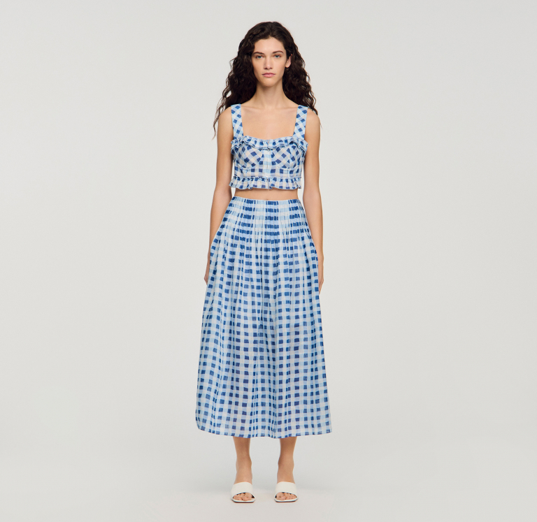 Жіноча довга льняна спідниця в клітинку