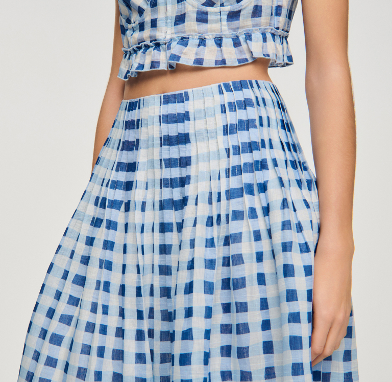 Жіноча довга льняна спідниця в клітинку