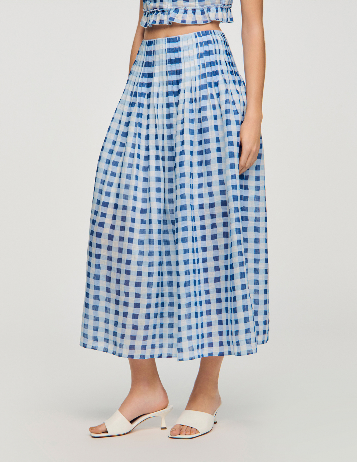 Жіноча довга льняна спідниця в клітинку_4
