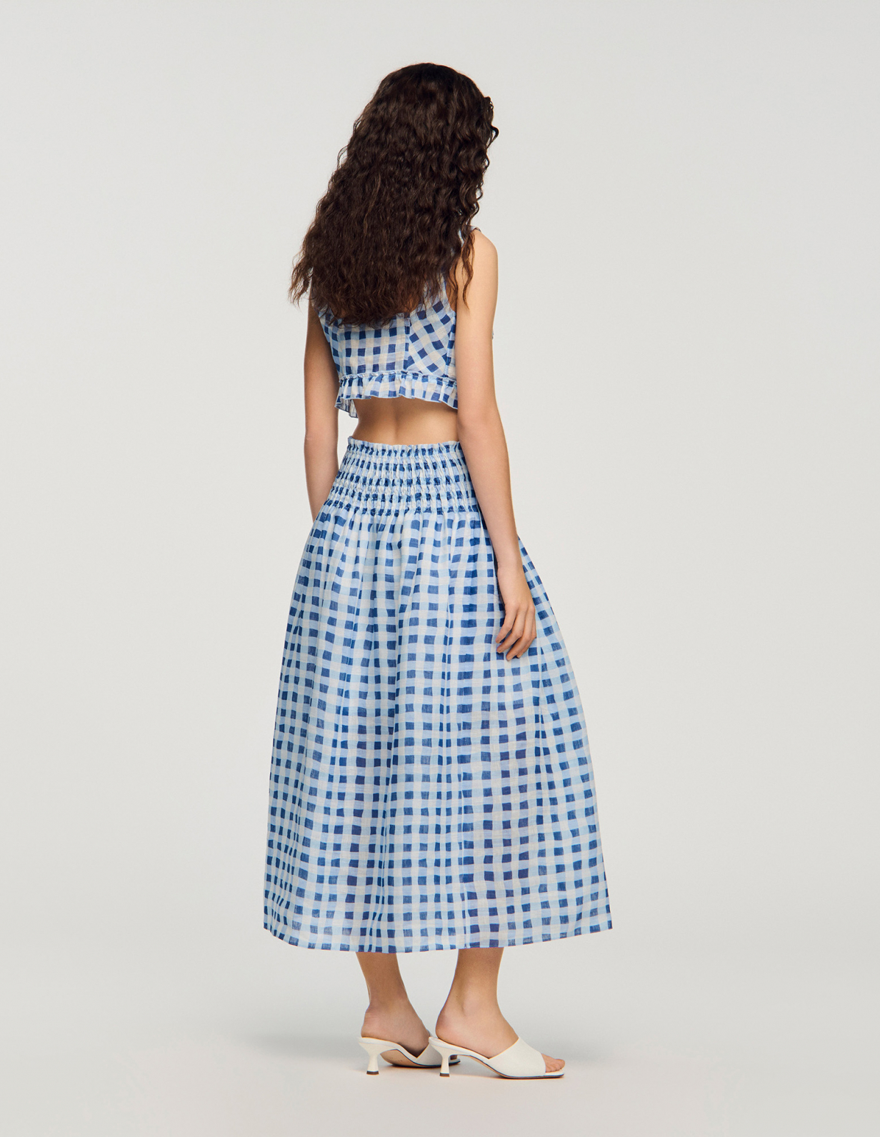 Жіноча довга льняна спідниця в клітинку_3