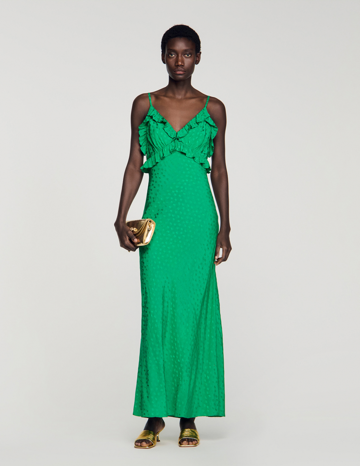 Жіноча зелена довга сукня з оборками_1