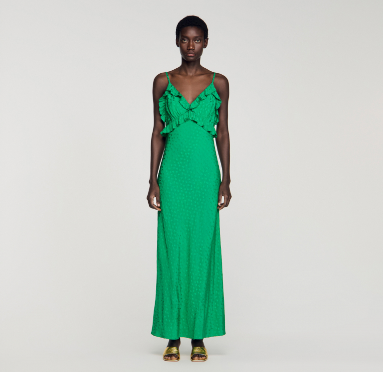 Жіноча зелена довга сукня з оборками