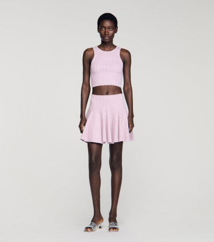 Женская короткая вязаная юбка, украшенная стразами