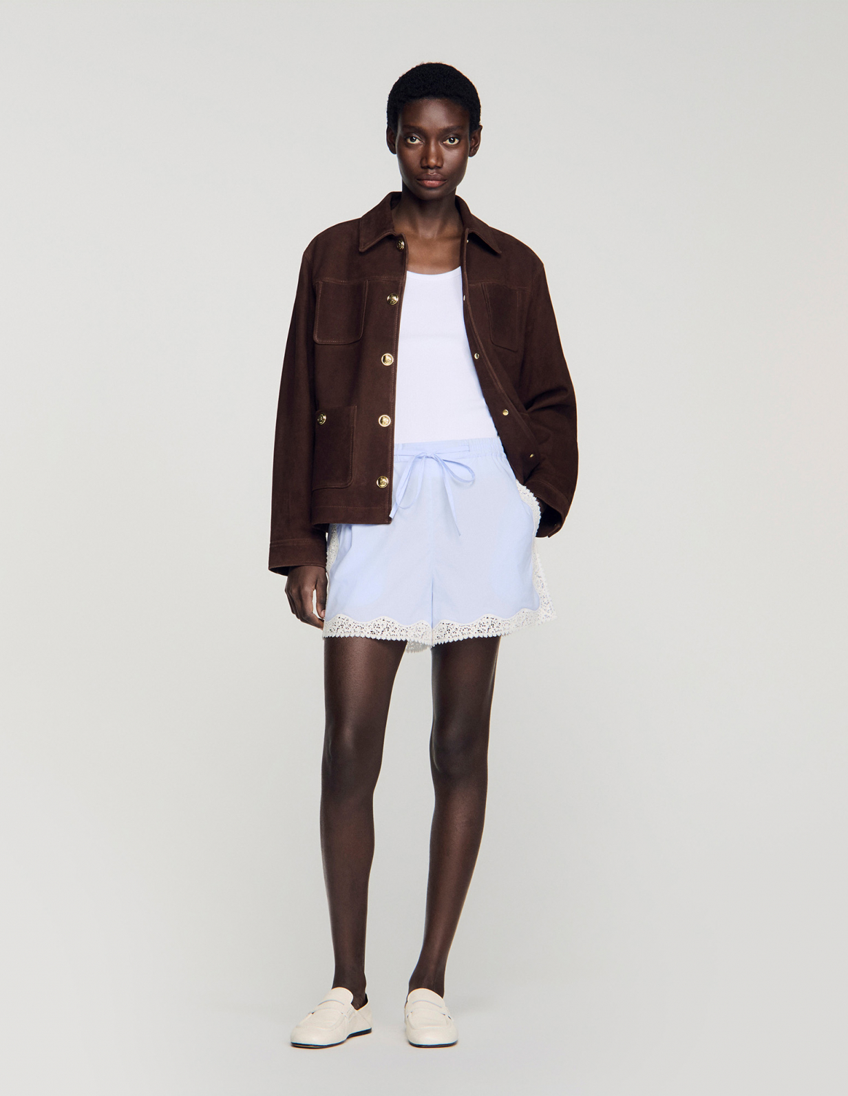 Женские голубые шорты с кружевной отделкой_1