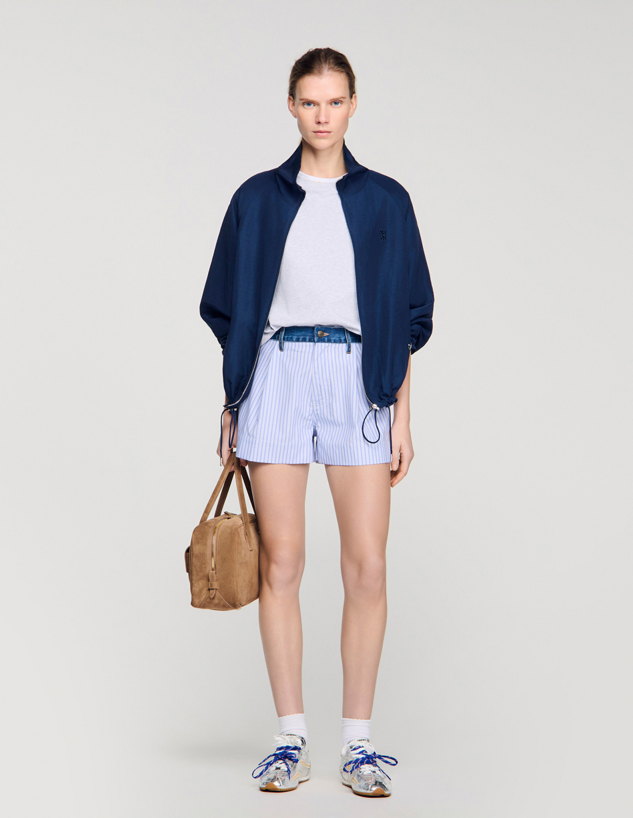 Женские полосатые шорты с джинсовыми деталями_1