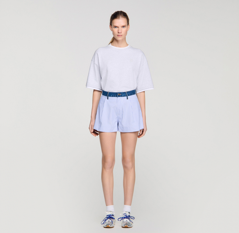 Женские полосатые шорты с джинсовыми деталями