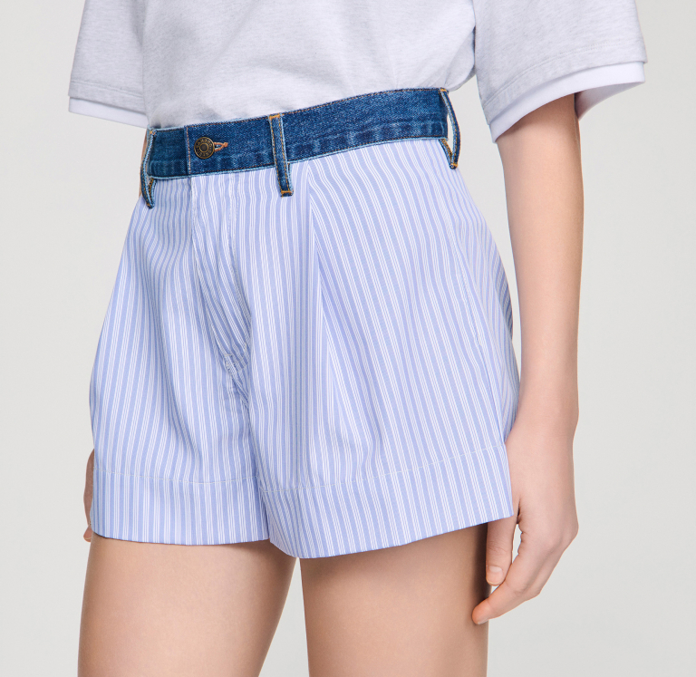 Женские полосатые шорты с джинсовыми деталями