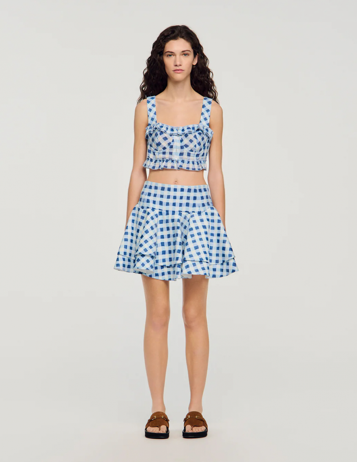 Жіноча коротка льняна картата спідниця _2