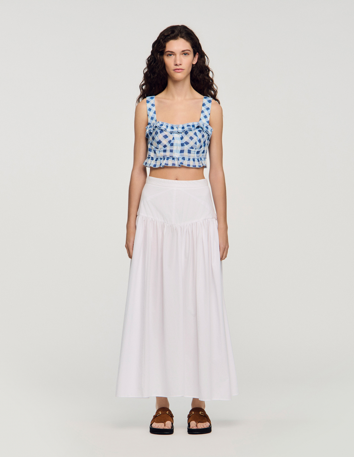 Жіночий укорочений льняний топ у клітинку_6