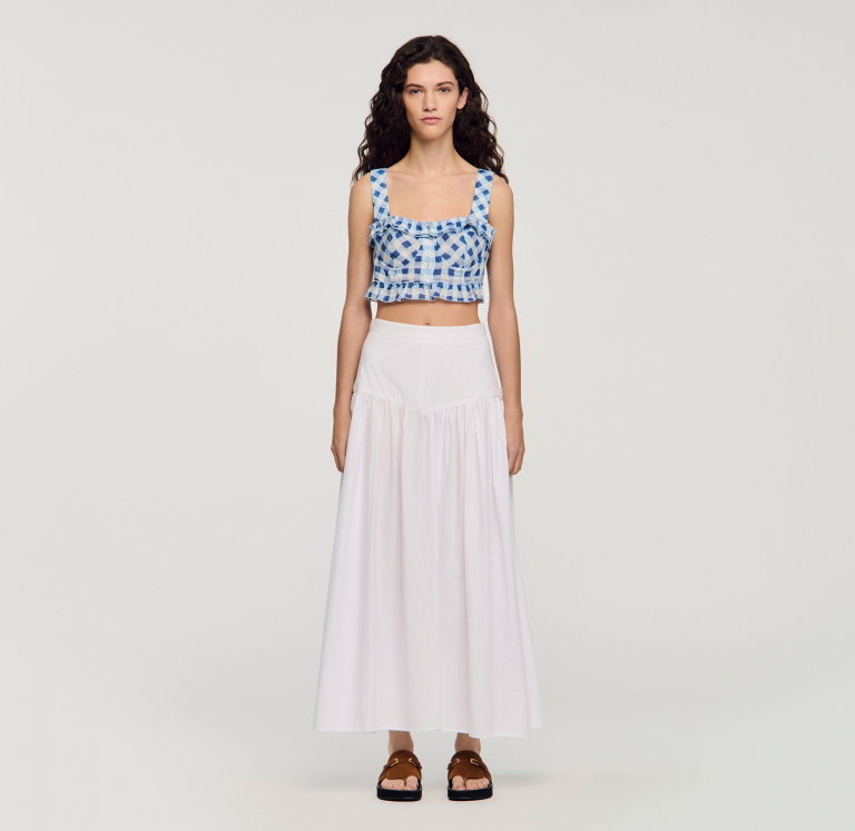 Жіночий укорочений льняний топ у клітинку