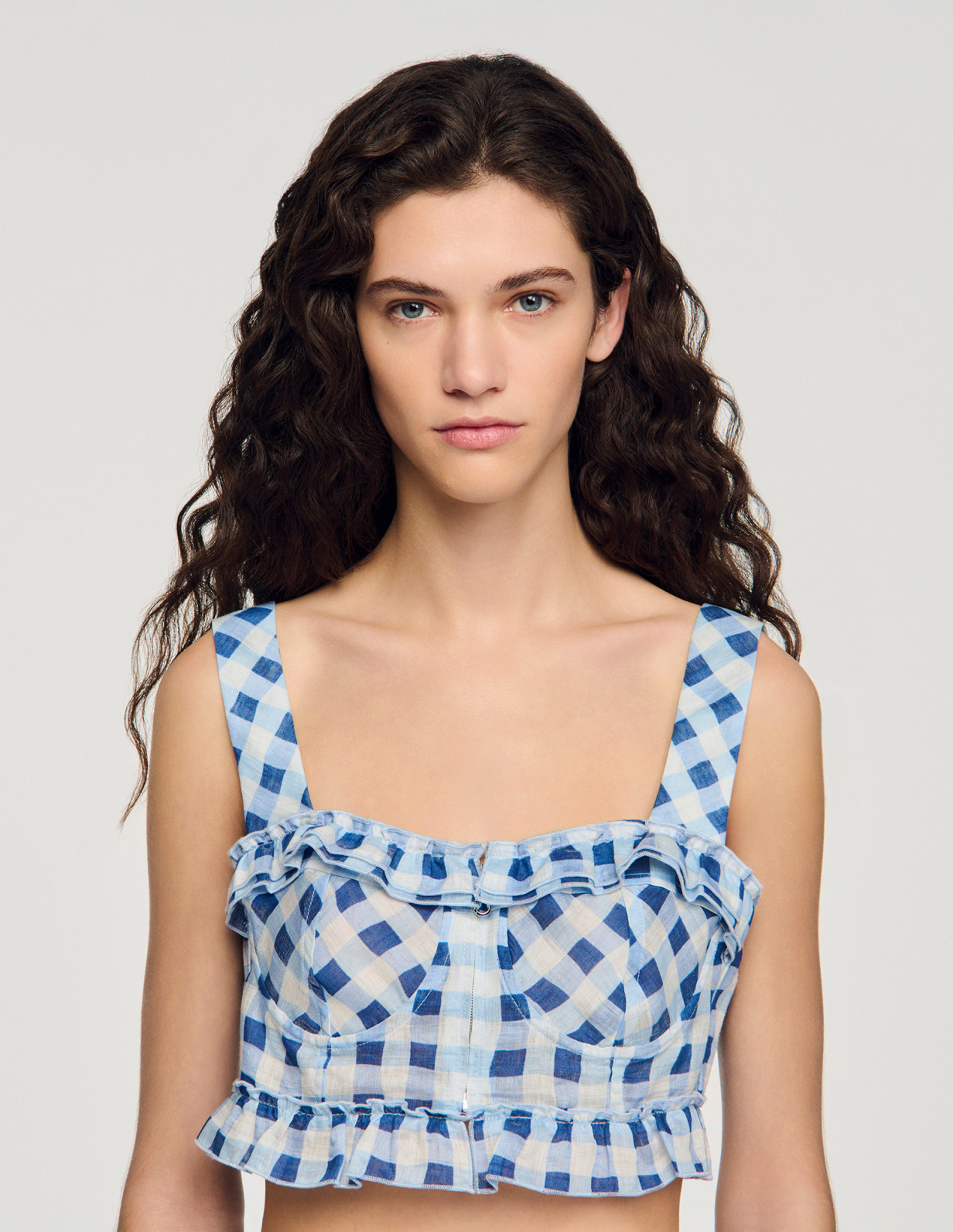 Жіночий укорочений льняний топ у клітинку_5