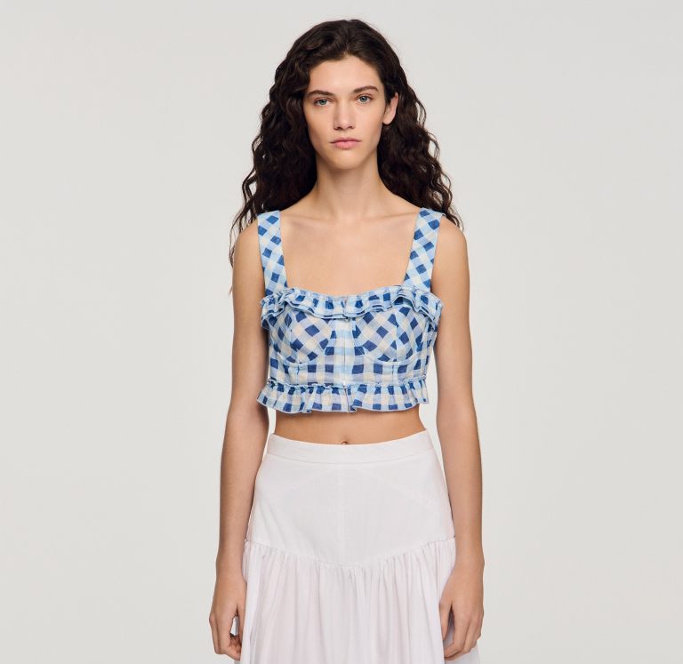 Жіночий укорочений льняний топ у клітинку