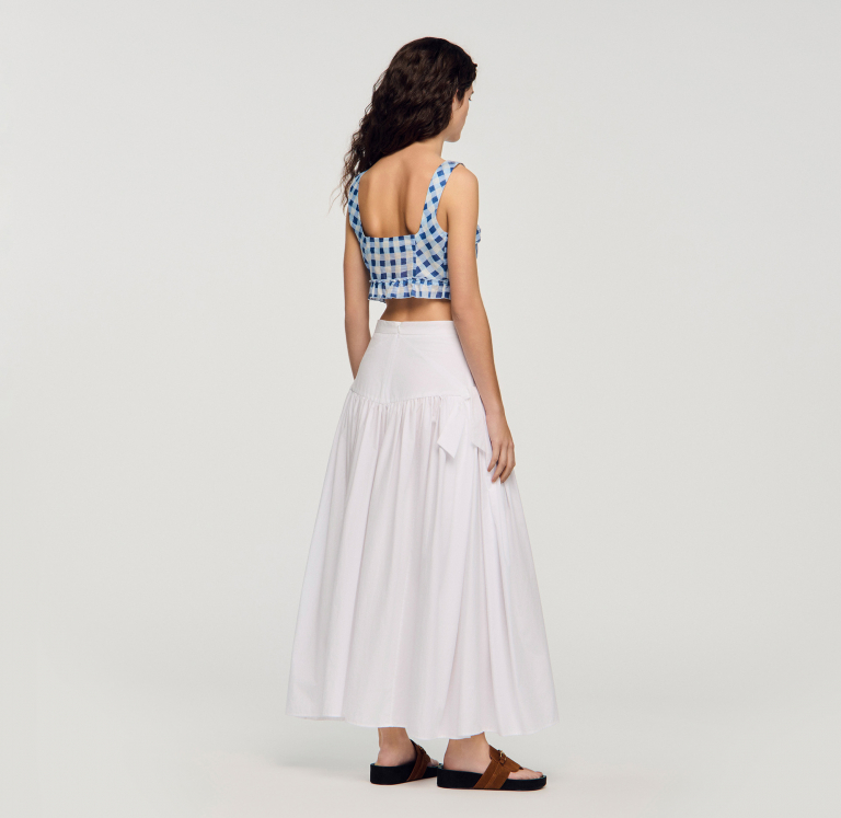 Жіночий укорочений льняний топ у клітинку