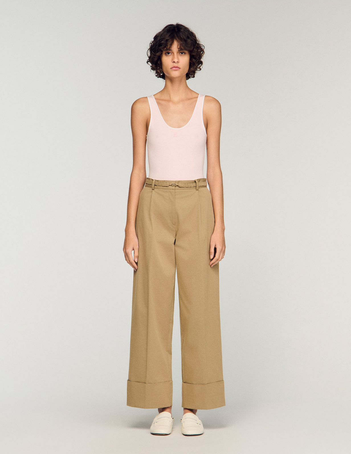 Женские бежевые широкие брюки_2