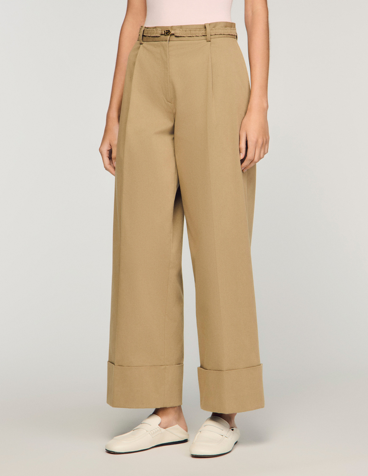 Женские бежевые широкие брюки_4