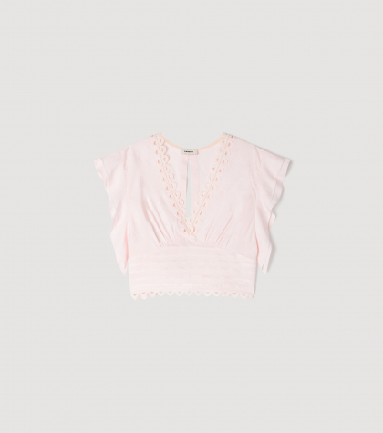 Женский розовый укороченный топ с кружевом