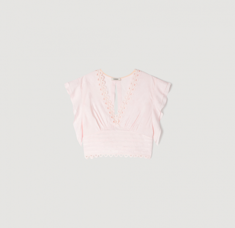 Жіночий рожевий укорочений топ з мереживом