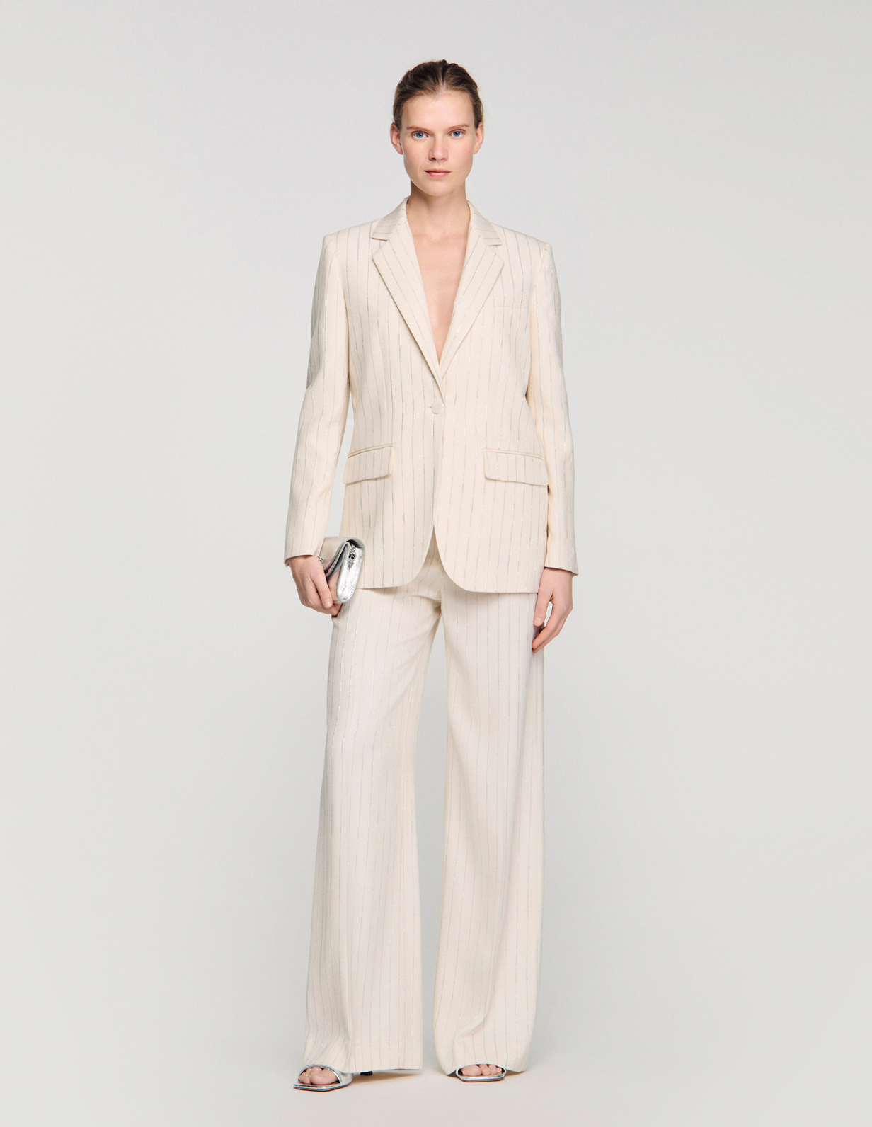 Женский молочный жакет в полоску_1