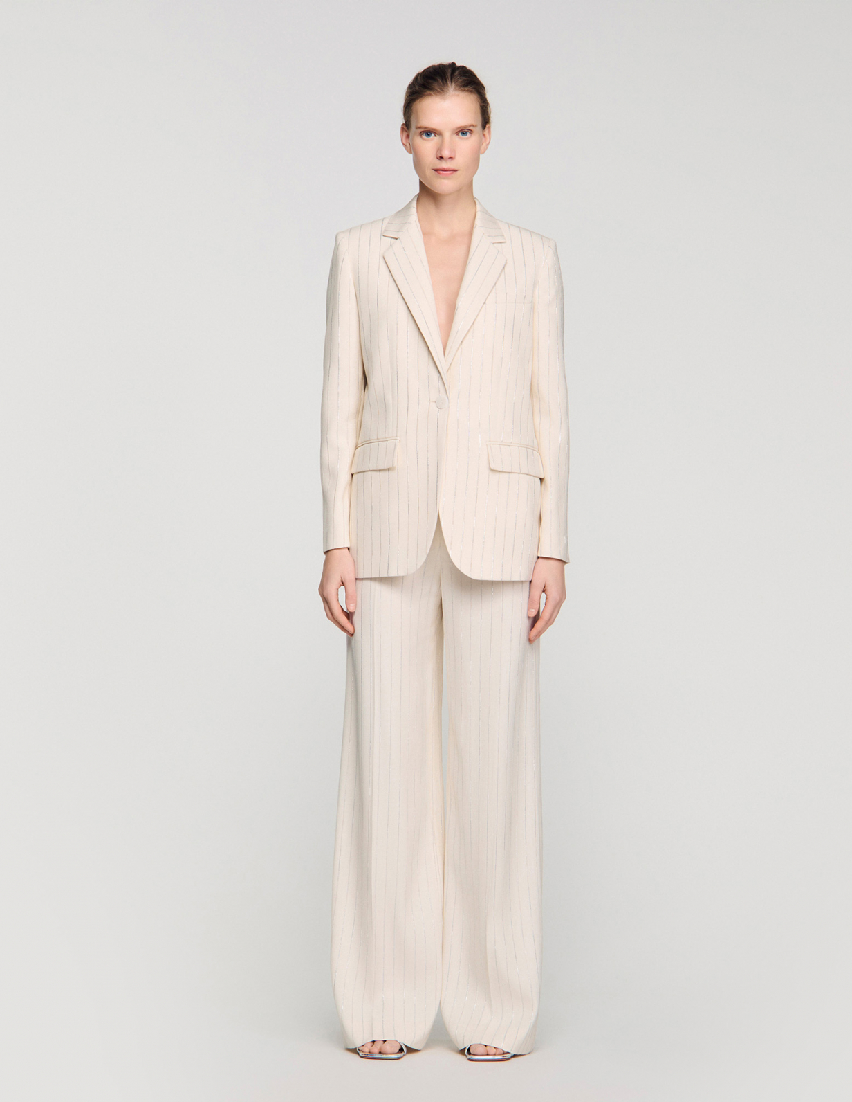 Женский молочный жакет в полоску_2