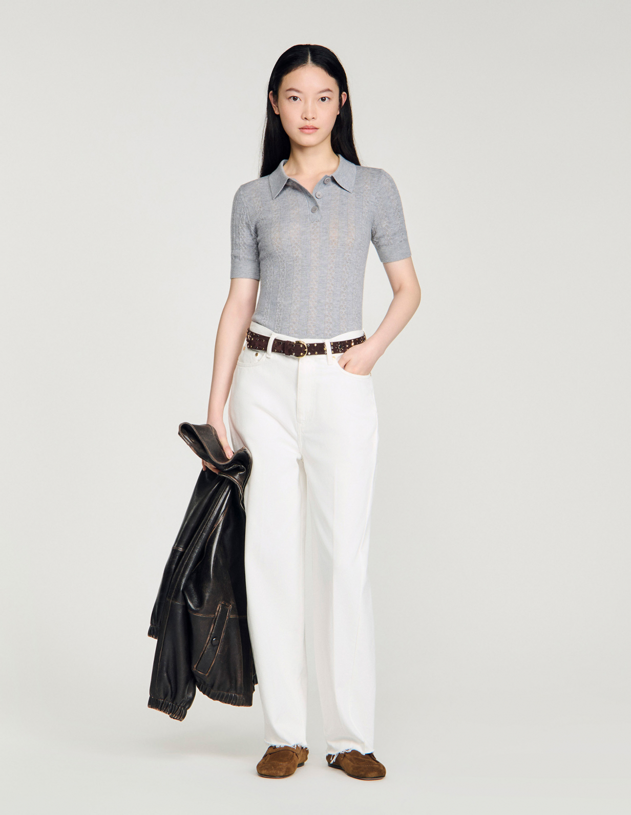 Женский джемпер ажурной вязки с воротником-поло_1