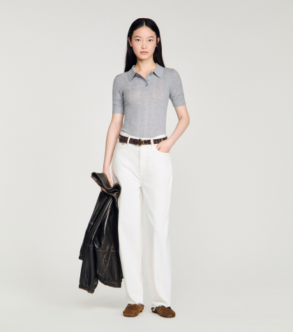 Жіночий джемпер ажурної в'язки з коміром-поло