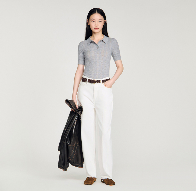 Женский джемпер ажурной вязки с воротником-поло