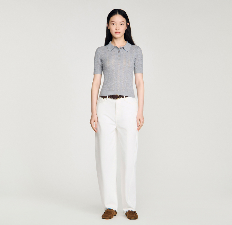 Женский джемпер ажурной вязки с воротником-поло