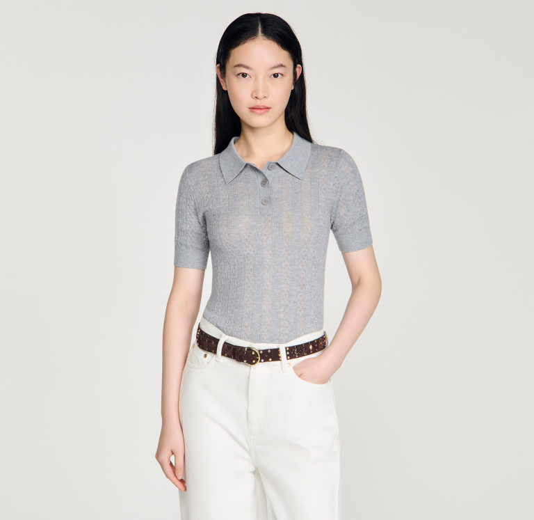 Женский джемпер ажурной вязки с воротником-поло