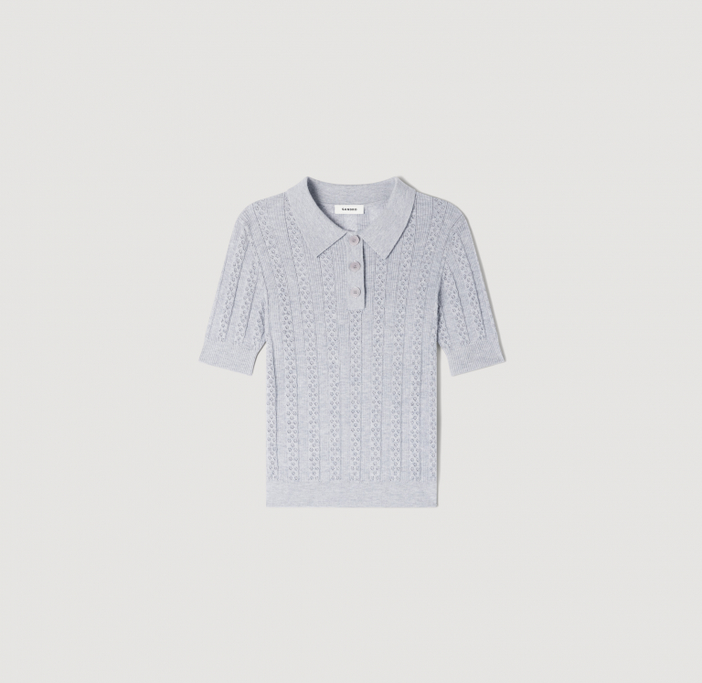 Женский джемпер ажурной вязки с воротником-поло